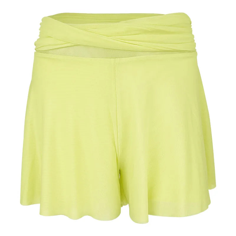 Women Yoga High Waist Cross Mesh Shorts - yellow / S