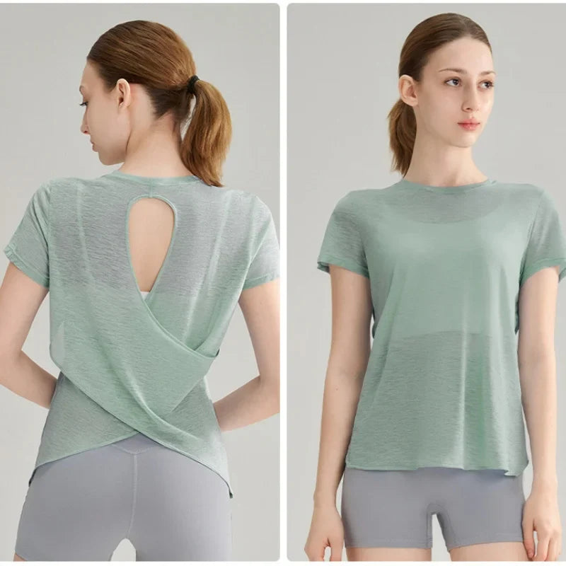 Women Yoga Short Sleeve Light Thin Back Hollow Out Breathable Loose Blouse