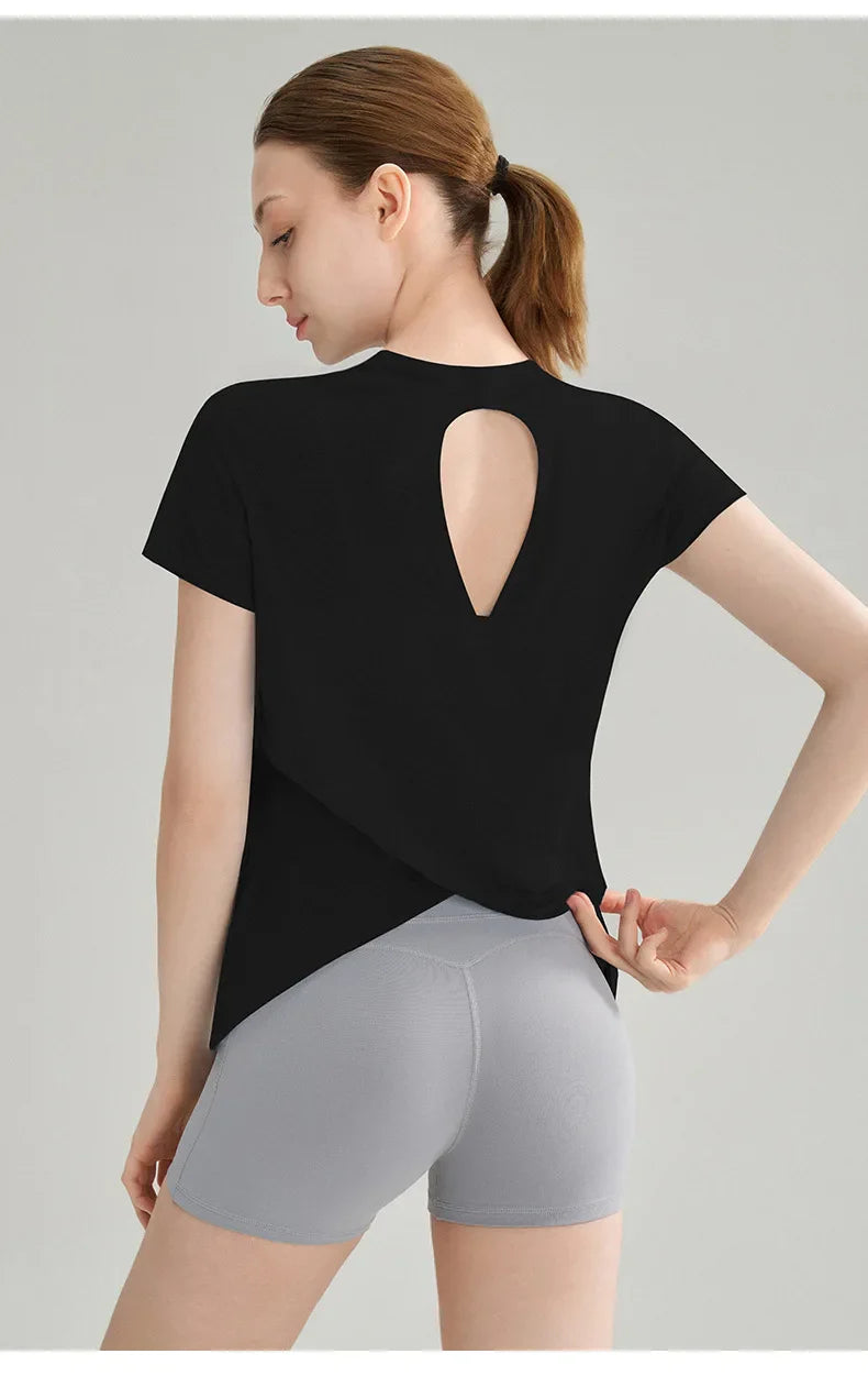 Women Yoga Short Sleeve Light Thin Back Hollow Out Breathable Loose Blouse