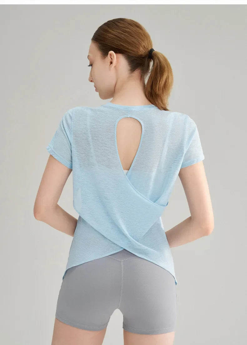 Women Yoga Short Sleeve Light Thin Back Hollow Out Breathable Loose Blouse