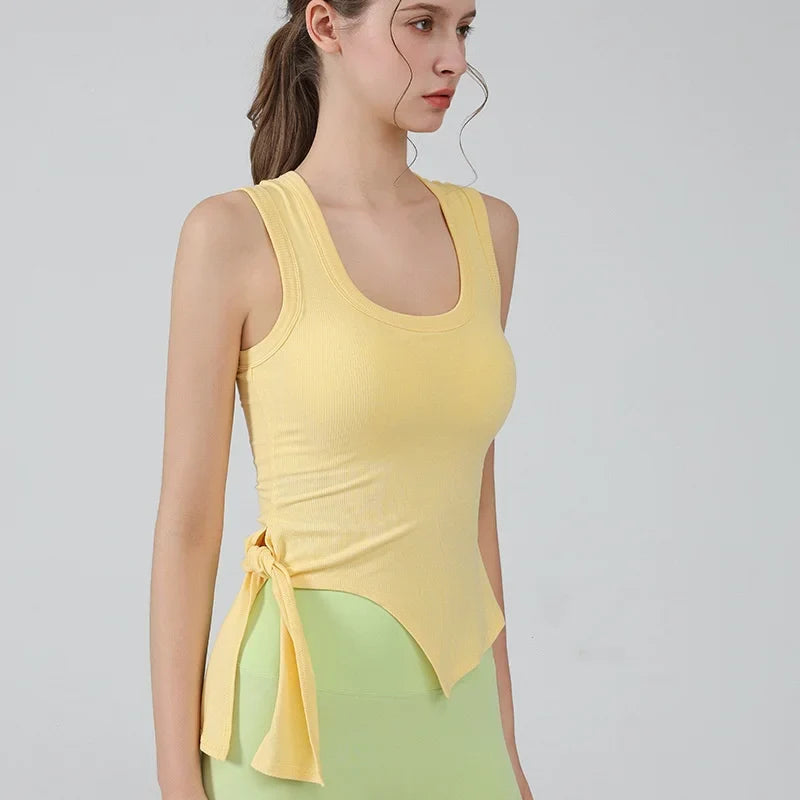 Women Yoga Solid Color Side Slit Bandage Tank Top