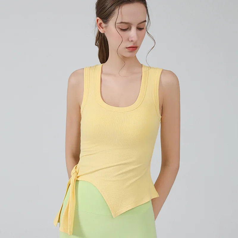 Women Yoga Solid Color Side Slit Bandage Tank Top - yellow / M