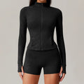 Women’s Yoga Zipper Jacket with Thumbholes and Matching Biker Shorts Set