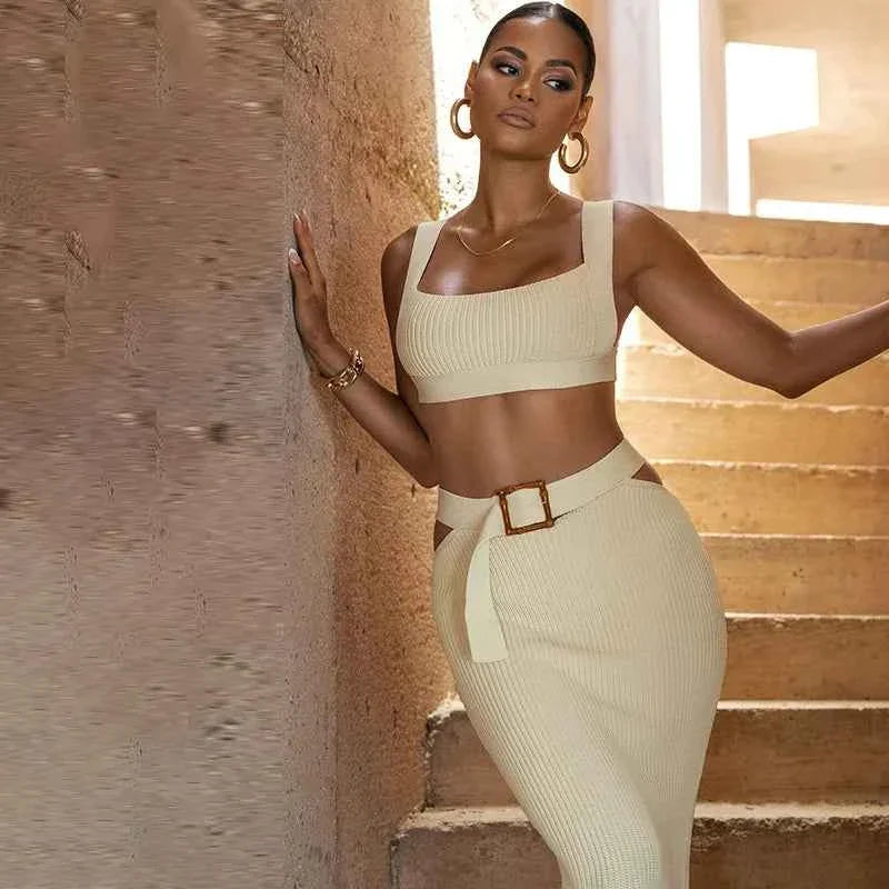 Women's 2 Piece Dress Sets Knit Ribbed Long Skirt Suit and Tank Top