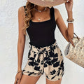 Women’s 2 Piece Lounge Set Square Neck Tank Top And Floral Print Belted Shorts Sets - Black / 2XL - electronic