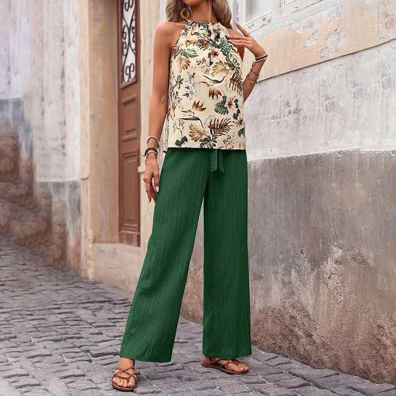 Women’s 2 Piece Outfits Casual Sleeveless Halter Neck Crop Tops Wide Leg Pants Set - electronic accessories