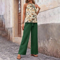 Women’s 2 Piece Outfits Casual Sleeveless Halter Neck Crop Tops Wide Leg Pants Set - electronic accessories