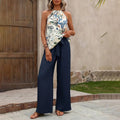 Women’s 2 Piece Outfits Casual Sleeveless Halter Neck Crop Tops Wide Leg Pants Set - Blue E / L - electronic accessories