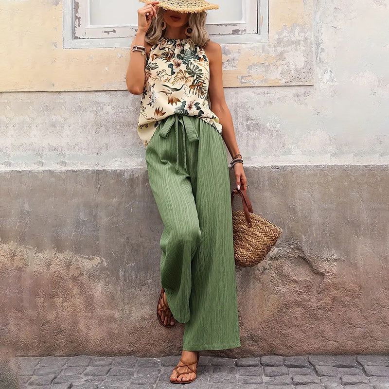 Women’s 2 Piece Outfits Casual Sleeveless Halter Neck Crop Tops Wide Leg Pants Set - electronic accessories