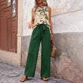 Women’s 2 Piece Outfits Casual Sleeveless Halter Neck Crop Tops Wide Leg Pants Set - Green A / L - electronic