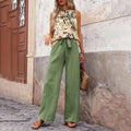 Women’s 2 Piece Outfits Casual Sleeveless Halter Neck Crop Tops Wide Leg Pants Set - Green C / L - electronic