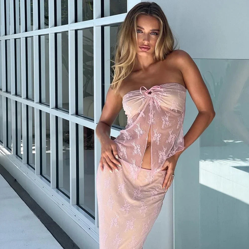 Womens 2Pcs Strapless Lace Split Tube Tops +Low Waist Long Pencil Skirt Dress Set