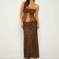 Womens 2Pcs Strapless Lace Split Tube Tops +Low Waist Long Pencil Skirt Dress Set - Brown Sets / S