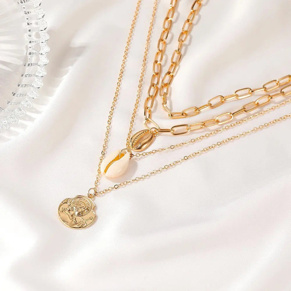 Women’s All-match Simple Shell Pendant Hollow Portrait Multi-layer Necklace - electronic accessories