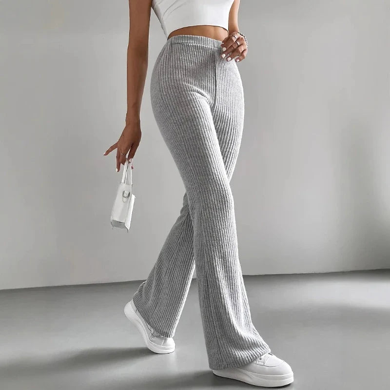Women’s Autumn Solid Color Casual Rib Knit Slim Pants