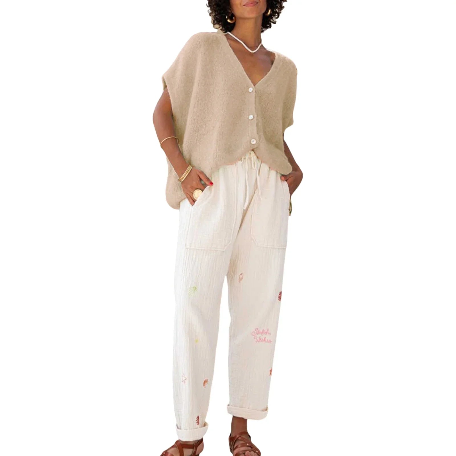 Women’s Basic Loose Fit Short Sleeve Knitwear Cardigan - A / S