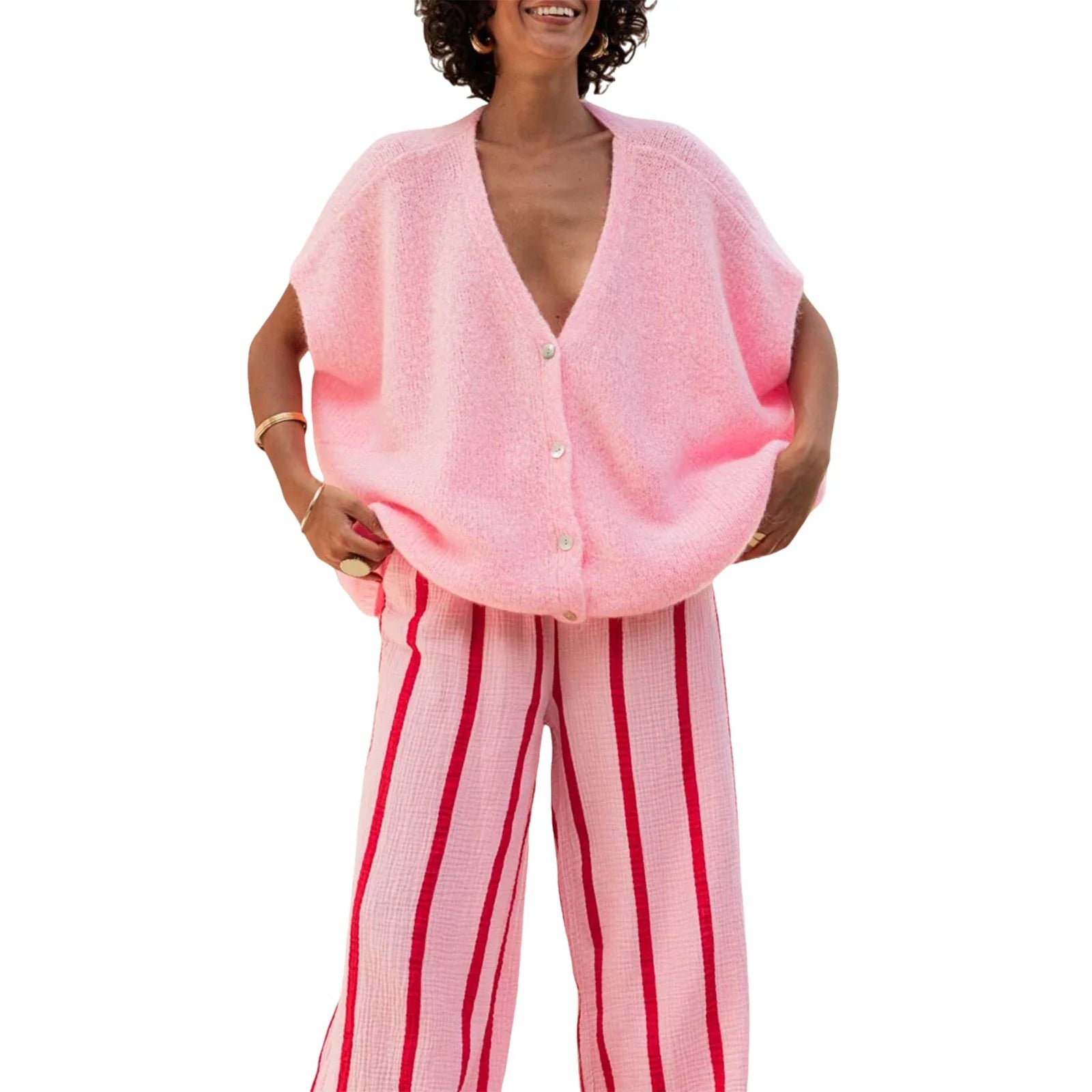 Women’s Basic Loose Fit Short Sleeve Knitwear Cardigan - B / S