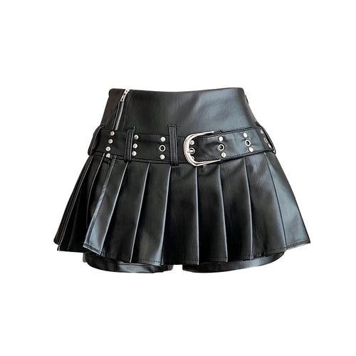 Women’s Black Gothic A-line Pleated Leather Skirt Mini Shorts - Other