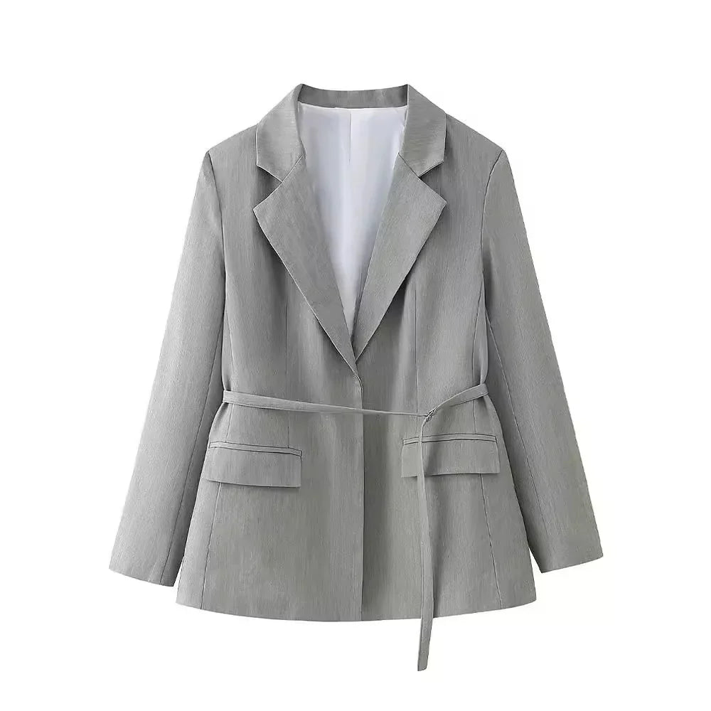 Women’s Blazer Spring Summer Belt Lapel Coat for Women - GRAY / XS