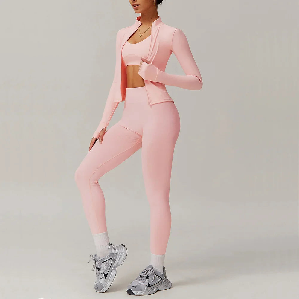 Pink women’s athletic set with long-sleeved jacket and leggings, perfect yoga suit 2pcs
