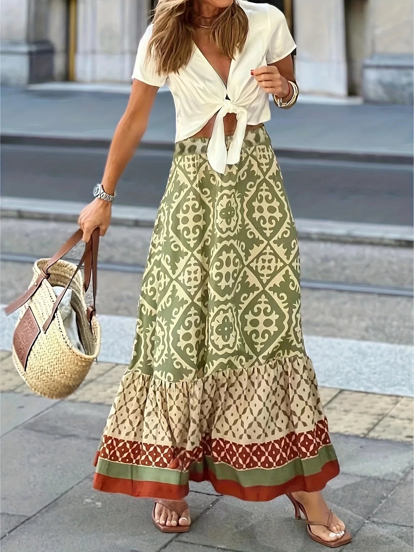 Women’s Bohemian Large Skirt - Green-Yellow / 5XL