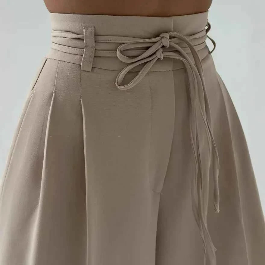 Women's Casual Design High Waisted Lace Up Slim Straight Leg Pants