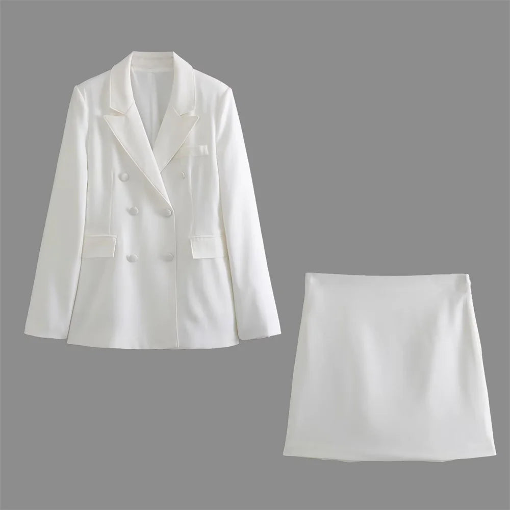 Women’s Casual Double breasted Slim Fit Suit Coat High Waist Mini Skirt - white 1 / S