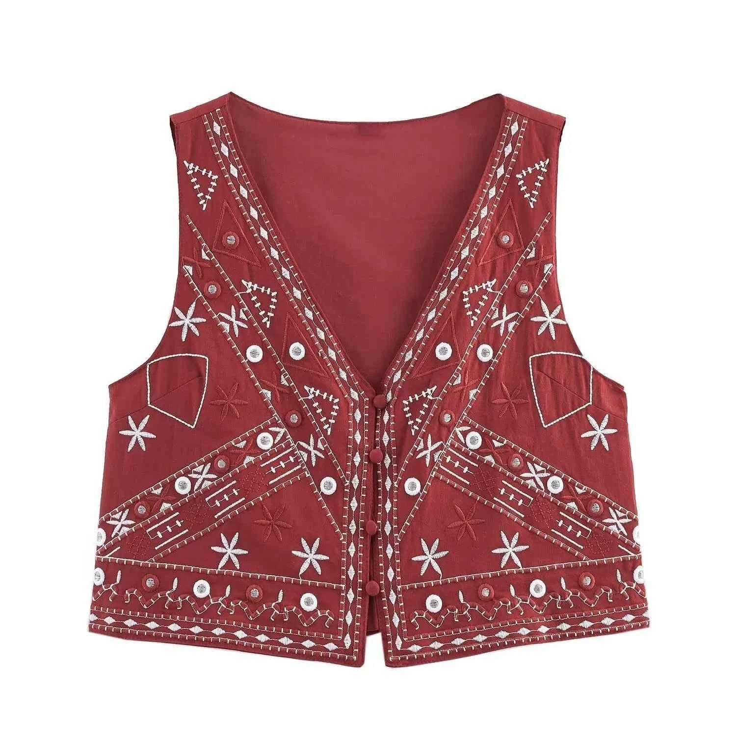 Women's Casual Embroidered Sleeveless V-neck Short Vest Top + High Waist Shorts