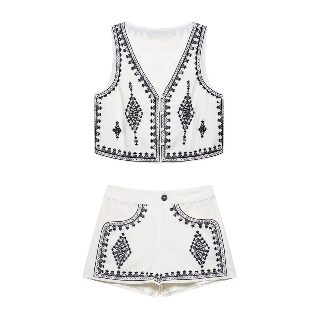 Women’s Casual Embroidered V-neck Vest With Wide-leg Shorts