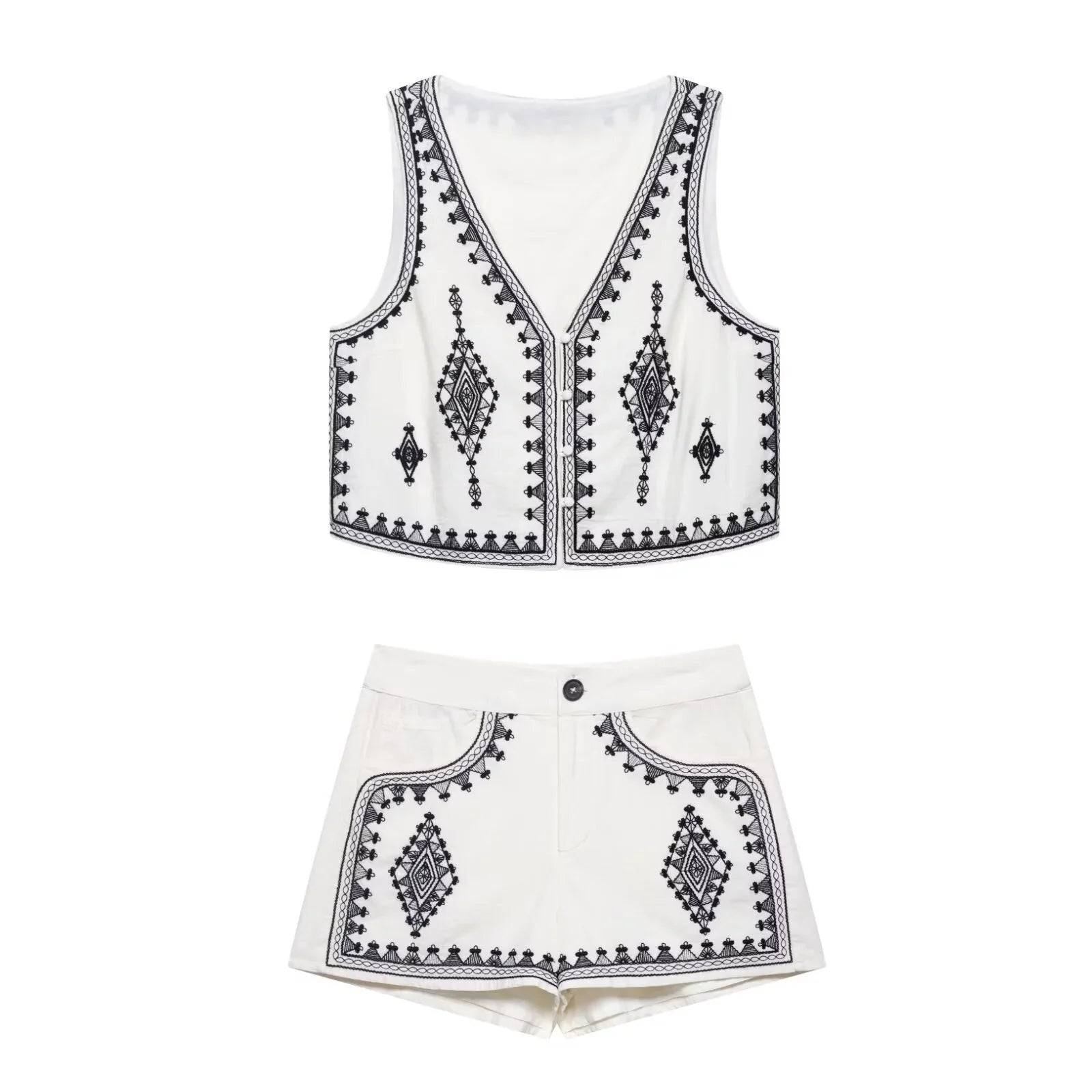 Women’s Casual Embroidered V-neck Vest With Wide-leg Shorts