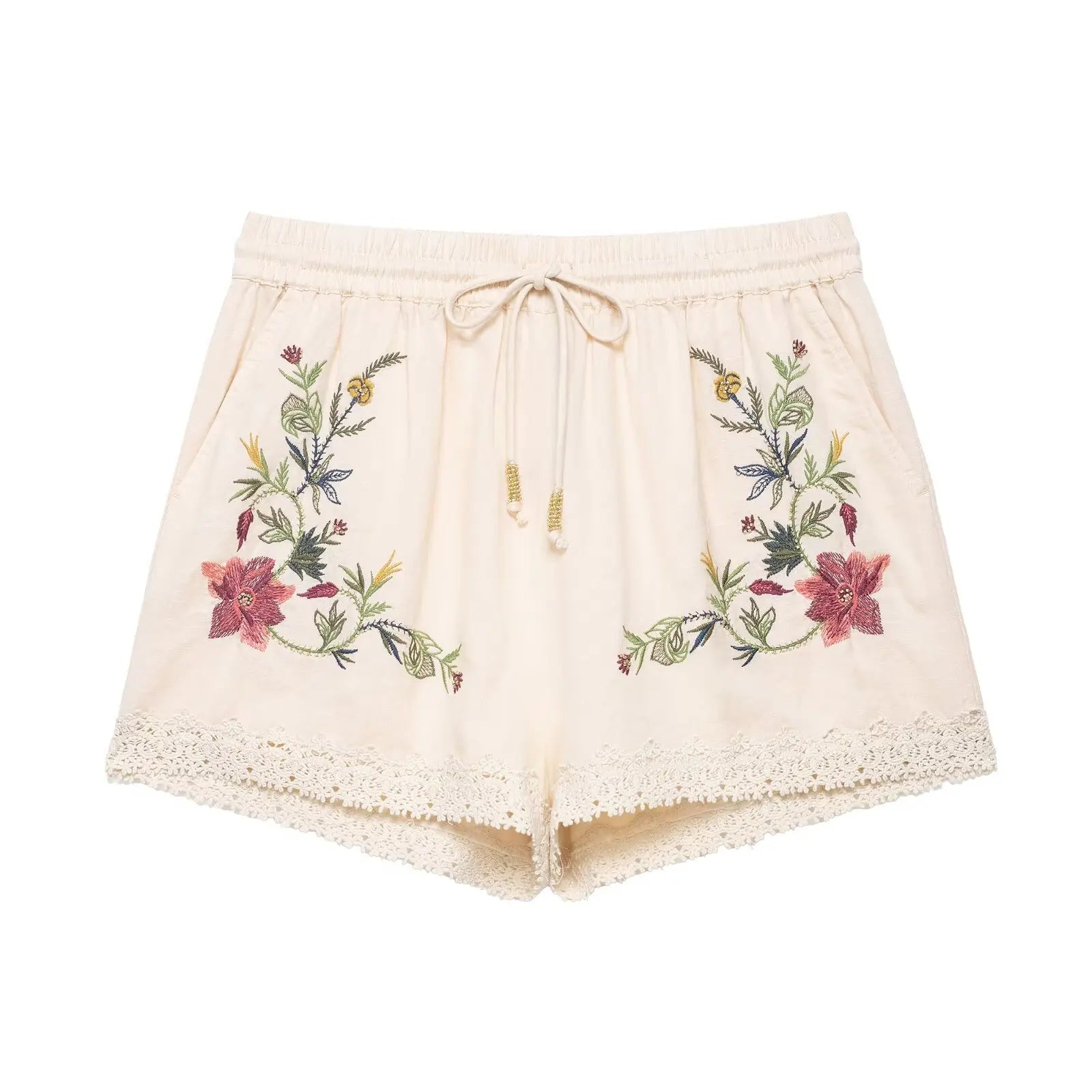 Women’s Casual Retro Flower Embroidered Lace Camisole Top with Versatile Mid-waist Shorts - Pants / S