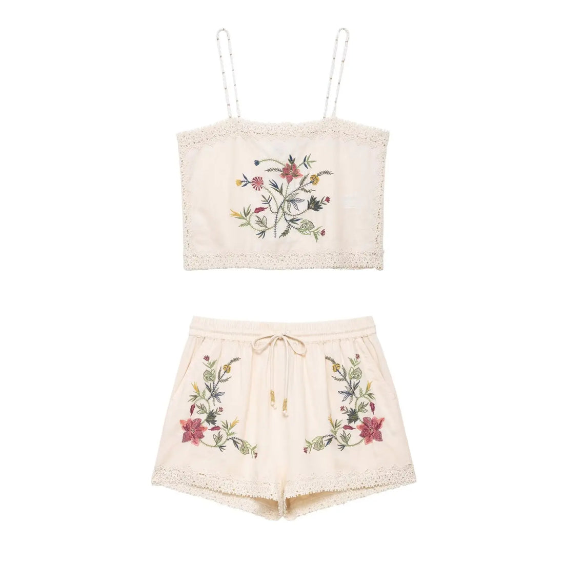 Women’s Casual Retro Flower Embroidered Lace Camisole Top with Versatile Mid-waist Shorts