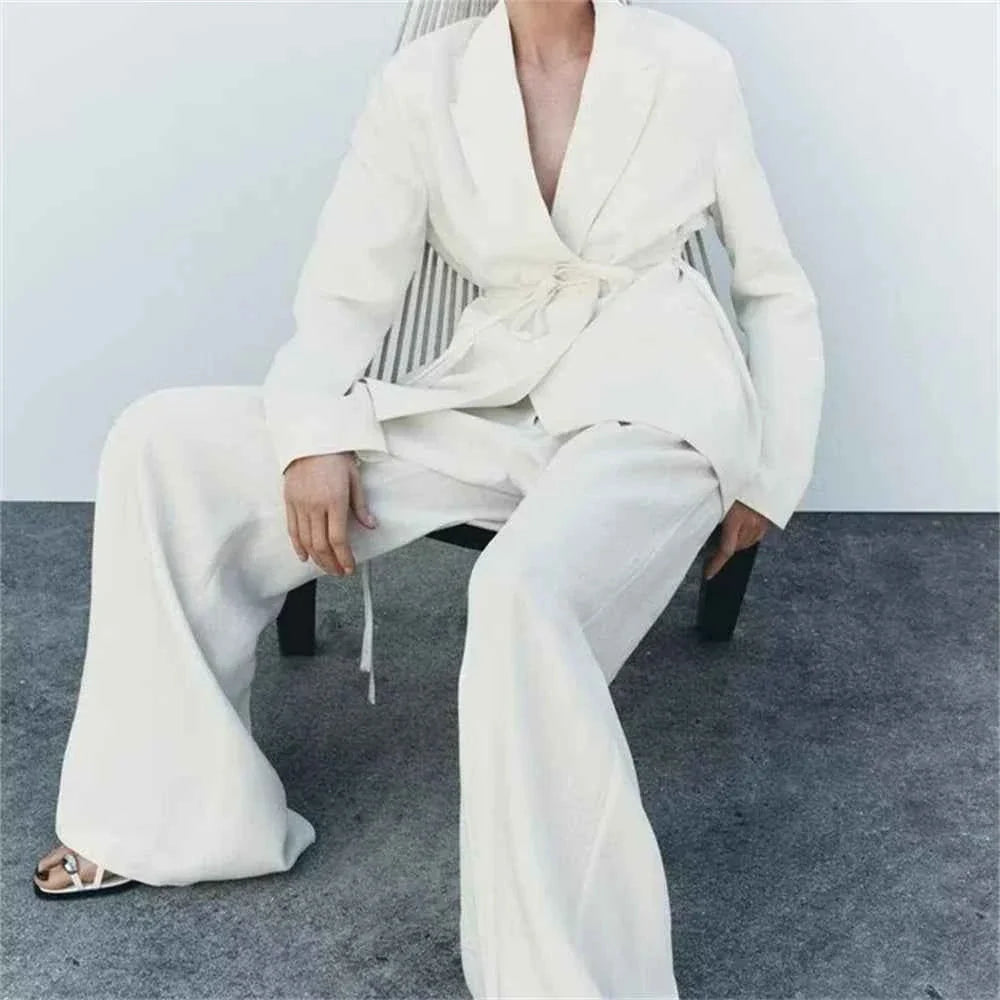 Women's Casual Retro Linen Blend Suit Jacket&Pants Set