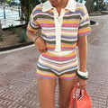 Women’s Casual Stripe Printed Short Sleeve Flip Collar Cardigan Shorts Set