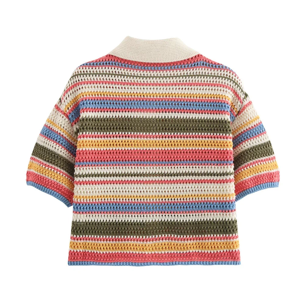 Women’s Casual Stripe Printed Short Sleeve Flip Collar Cardigan Shorts Set