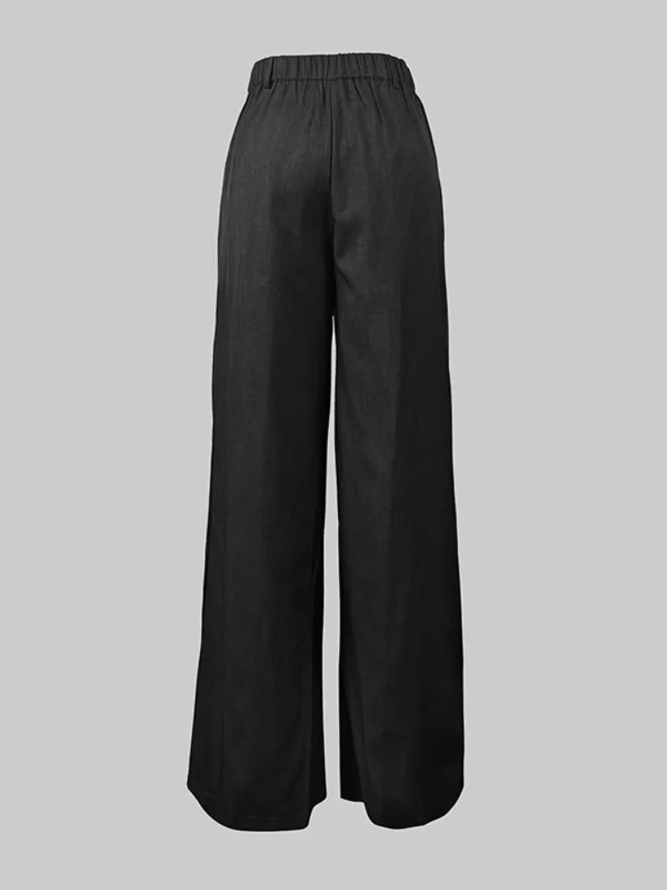 Black wide-leg palazzo casual suit pants with elastic waistband