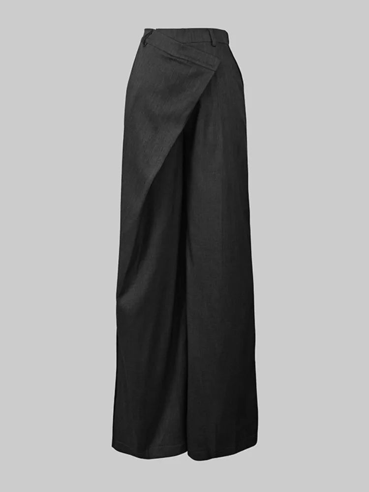 Black wide-leg casual suit pants with draped front panel