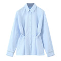 Women’s Casual Waist Button Up Long Sleeved Shirt - Blue / XS