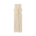 Women’s Casual Waist-revealing Open Design Knotted Midi V-neck Sleeveless Dress - Khaki / XS