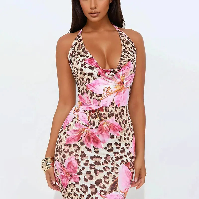 Women’s Clothing Dress Backless Print Leopard V-Neck
