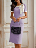 Women’s Clothing Round Neck Bowknot Contrasting-color Dress - Light Purple / L - electronic accessories