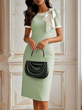 Women’s Clothing Round Neck Bowknot Contrasting-color Dress - Light Green / L - electronic accessories