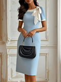 Women’s Clothing Round Neck Bowknot Contrasting-color Dress - Light Blue / L - electronic accessories