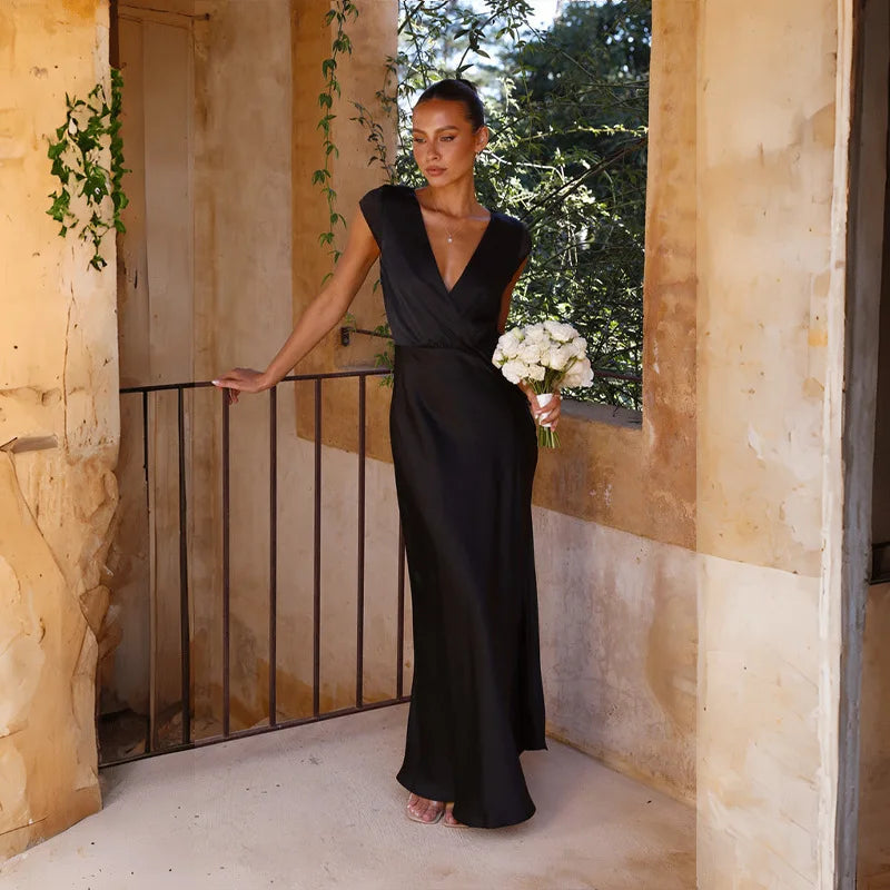 Women’s Clothing Satin V-neck Fishtail Skirt - black / M