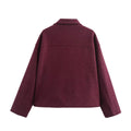 Women’s Clothing Style Fashion Versatile Wine Red Large Pocket Zipper Woolen Coat