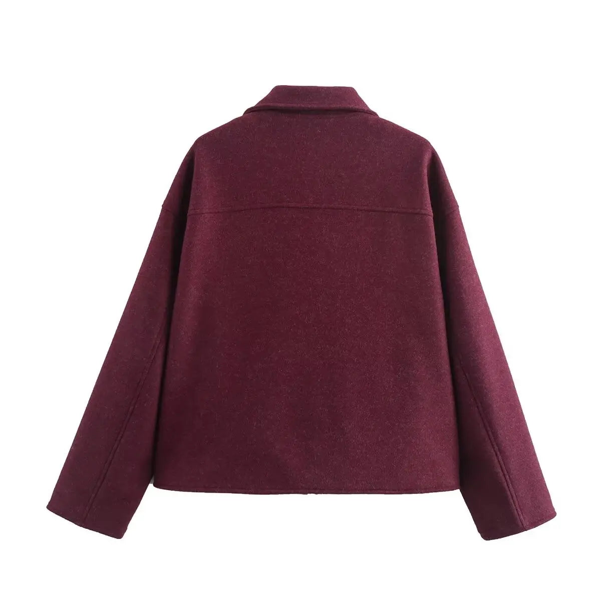 Women’s Clothing Style Fashion Versatile Wine Red Large Pocket Zipper Woolen Coat