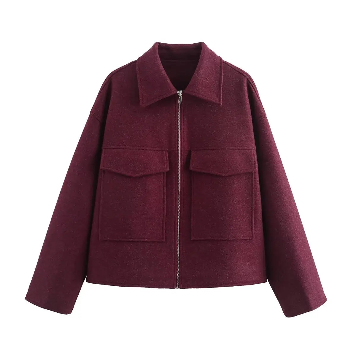 Women’s Clothing Style Fashion Versatile Wine Red Large Pocket Zipper Woolen Coat - Burgundy / M