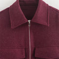 Women’s Clothing Style Fashion Versatile Wine Red Large Pocket Zipper Woolen Coat