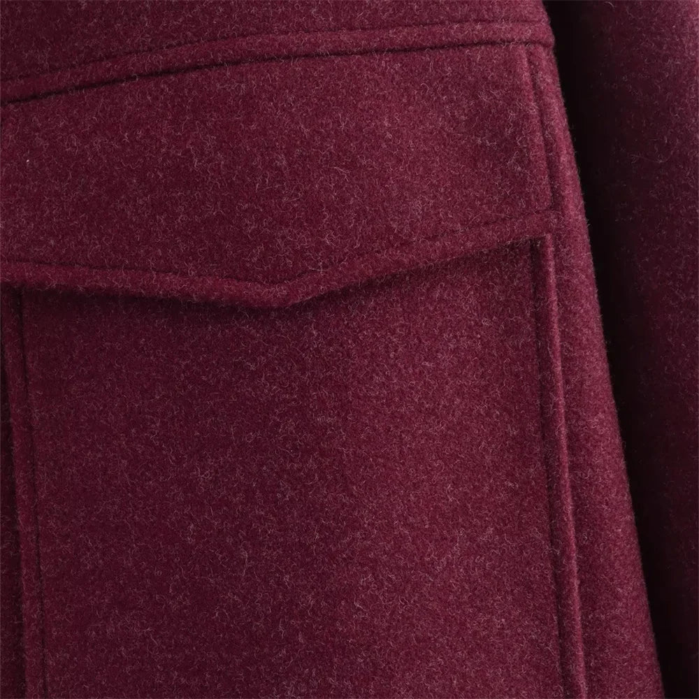 Women’s Clothing Style Fashion Versatile Wine Red Large Pocket Zipper Woolen Coat