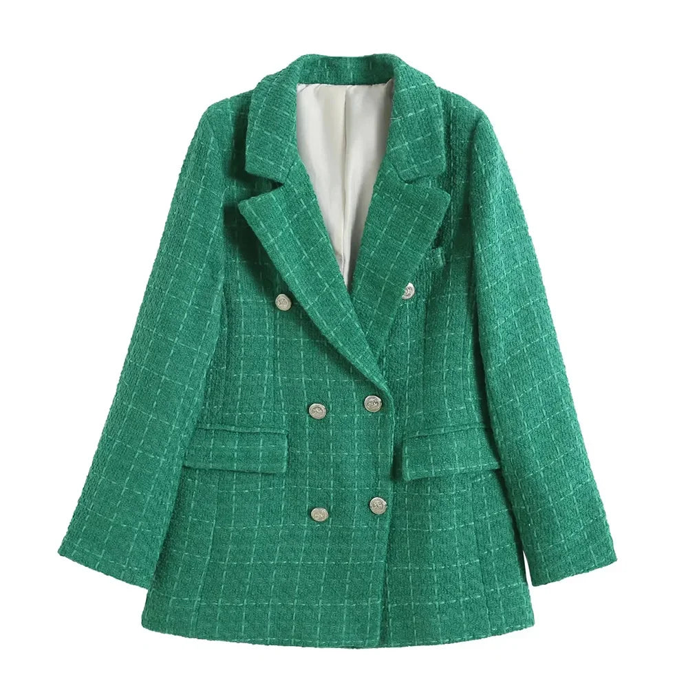 Women’s Clothing Style Fashionable Versatile Texture Double breasted Mid length Suit Coat - green / L